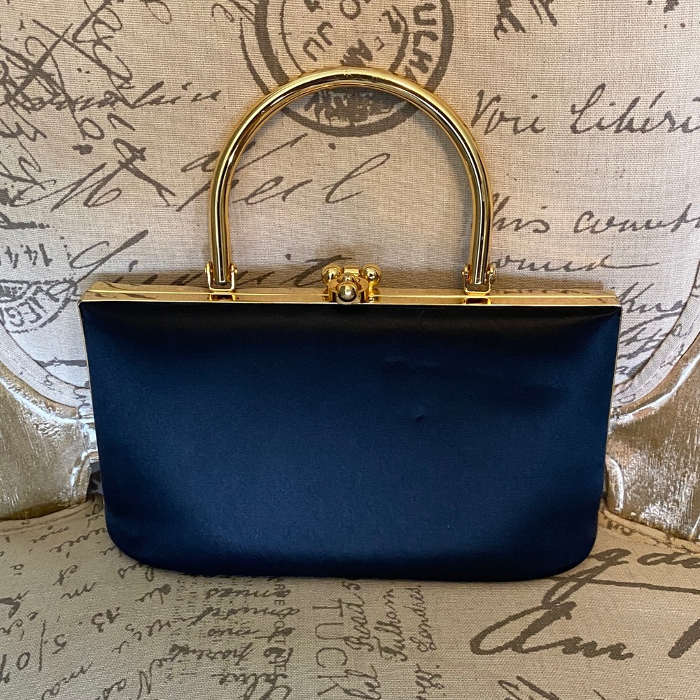 Valerie Stevens Black Satin Clutch with Gold Top Handle